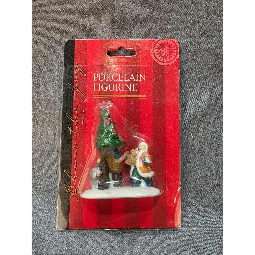 Vintage Caldor Porcelain Christmas Figurine Man with Tree Child Teddy Bear NIP